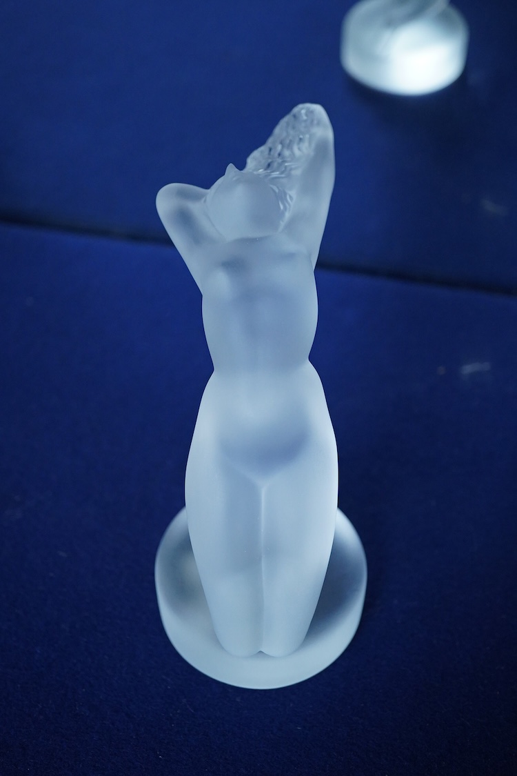 A Lalique frosted glass paperweight of Chrysis, kneeling female nude, 15cm high